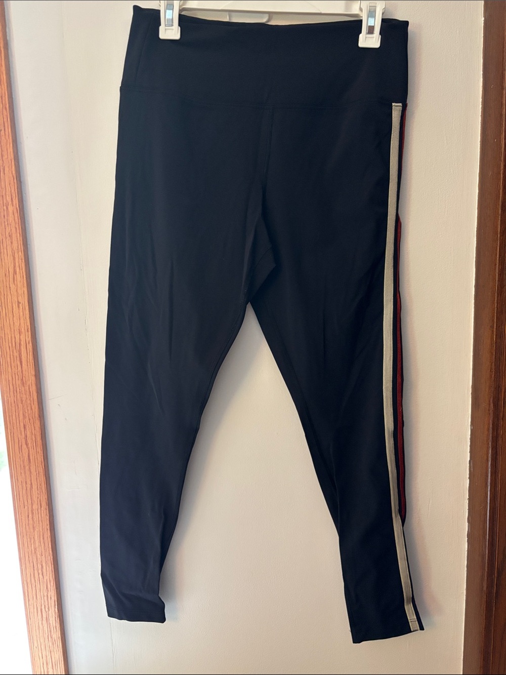 FP Movement by Free People Black Leggings with Red and White Side Stripes